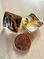 Front view of both square leopard print earrings beside Canadian penny for scale