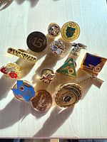 Overview of all pins and coin arranged on surface under daylight