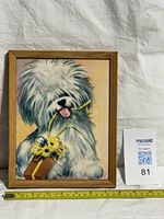 Full view of framed dog print with scale marker