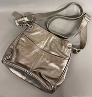 Front view of metallic silver LaDiva leather crossbody bag