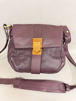 Front view of plum leather Allibelle crossbody with flap and gold-tone clasp