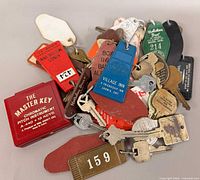 Pile showing red Master Key case and assorted hotel keys/fobs