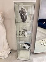 Full front view of glass display cabinet with three shelves