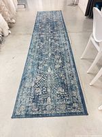 Full view of blue runner rug laid flat