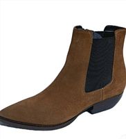 Left side profile of brown suede Saint Laurent Lukas boot showing pointed toe, black elastic panel, welt and heel