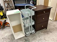 Group shot of nightstand, rolling cart and cubby shelf