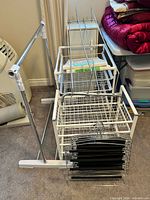 overview of drawer towers, garment rack frame, shoe racks, pant hangers