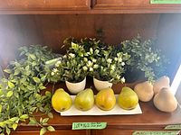 Overview of faux plants, green pears on tray, tan pears beside tray