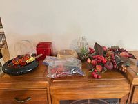 All items grouped on wooden cabinet