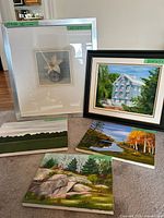 Group shot of all five artworks showing framing and size labels