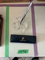Crystal clover base with silver desk pen and Sheaffer case