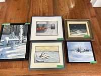 Group shot showing all five framed winter landscape paintings