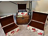 trunk with three Paris boxes opened showing interiors