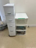 Front view of both drawer units side by side showing drawer counts and casters