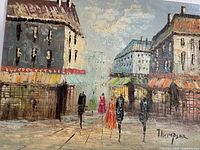 Full view of Paris street scene oil painting on canvas, signature visible