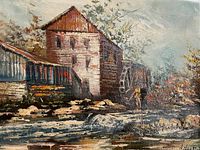 Full view of textured oil painting showing mill, water wheel, stream and foliage