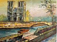 Full view of oil painting showing cathedral, bridge, boats