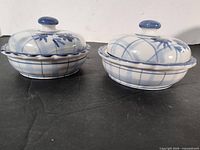 Two ceramic covered dishes side by side showing shape and lids