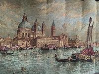 Full view of woven tapestry showing Venice cityscape with canal and basilica