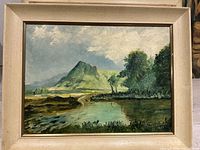 Front view of framed 1959 landscape oil painting