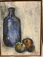 Full view of framed still-life painting showing bottle and fruit