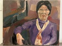 Full view of oil painting showing seated woman