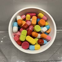 Top view of bowl showing multicolored capsule elements
