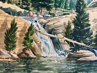 full view of landscape watercolour showing waterfall, trees and signature area