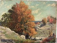 Full view of oil on board autumn landscape painting