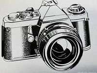 Close view of pen drawing detailing camera body and lens