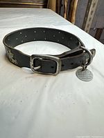 Full view of collar showing buckle, leather, and attached ID tag