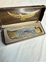 Knife in open display box showing eagle graphic on box lid