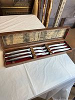 Open wood case showing six knives seated in red felt slots