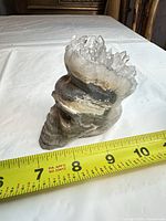 Side view of quartz skull showing length against measuring tape