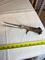 Knife full view next to tape measure showing approx. 13 in length