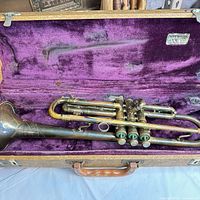 Trumpet in purple velvet-lined hard case