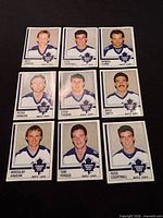Nine Panini Hockey ’87 Toronto Maple Leafs stickers laid out