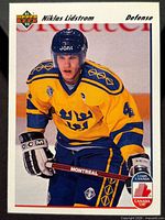 Front of 1991 Upper Deck Niklas Lidstrom Canada Cup rookie card