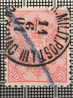 Front view of 20 heller Bosnia Military Post stamp showing design and cancellation