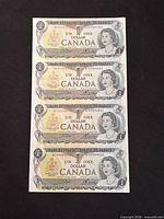 Front of uncut sheet showing four consecutive $1 notes with Queen Elizabeth II