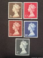 Group shot of all five Machin stamps showing denominations and colours