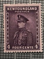 Front view of Newfoundland 4 cent purple Prince of Wales stamp