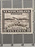 Front view of the Newfoundland 10-cent Salmon Leaping stamp showing design and denomination against measurement grid