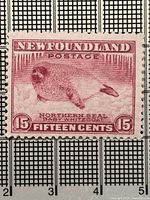 Front of 15-cent Newfoundland harp seal stamp showing design and denomination
