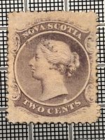 Front of brown 2¢ Nova Scotia Queen Victoria stamp showing design and perforations