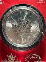 Reverse of 2022 silver Maple Leaf coin in capsule