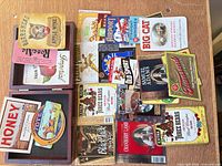 Top view showing wooden box and selection of labels