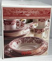 Front of sealed box showing Spode Delamere Cranberry dinnerware set