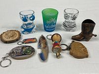 Group shot showing all shot glasses, coaster, magnet and keychains
