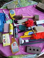 Overview of entire lot showing cleaners, brushes, sponges, tools